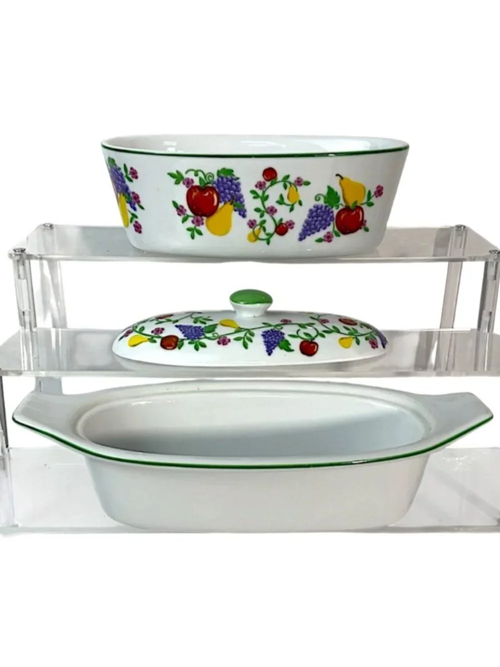 French Covered Butter Bell Dish White Multicolor Fruit 3 Piece Cook St Vintage